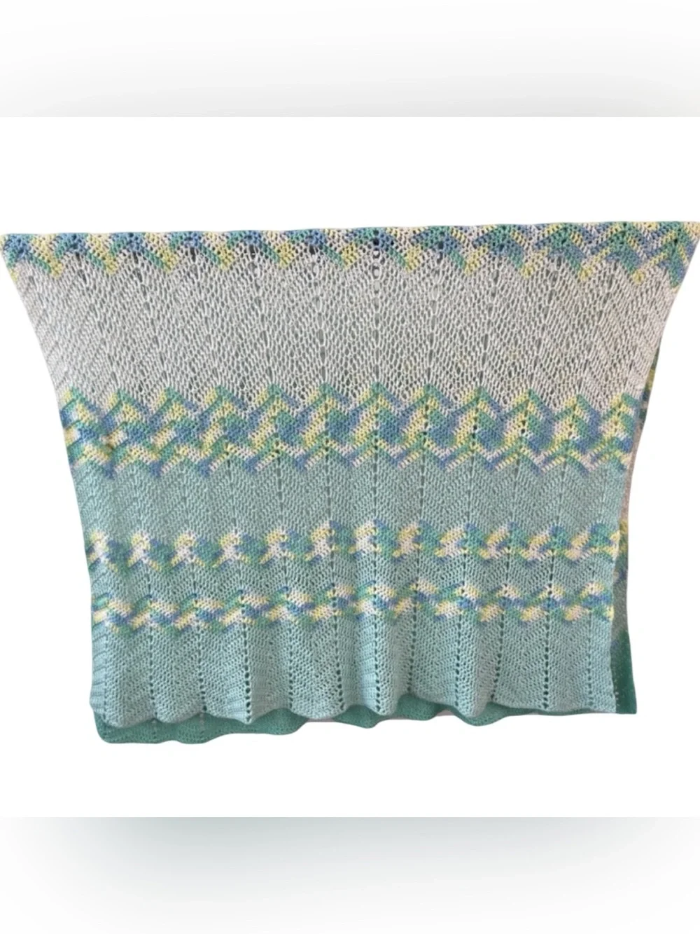Handmade Pastel Chevron Throw Blanket - Blue & Green Ripple Knit Afghan